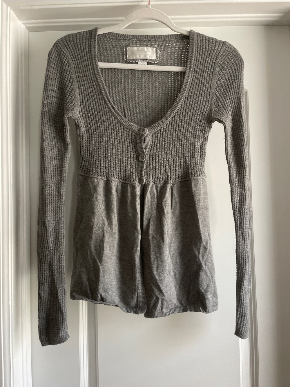 American Eagle Outfitters Gray Ribbed Button-Front Peplum Sweater Top Size Small